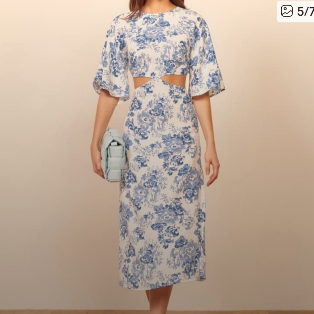 Reformation Blue and White Floral Cutout Midi Dress